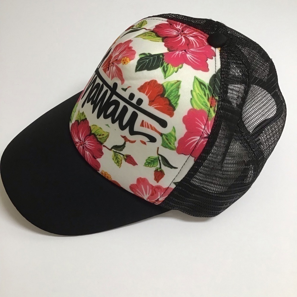 HAWAII Surfer Hat Mesh Snapback Black Cap Pink Hibiscus Floral Adjust Surferware - Picture 8 of 11